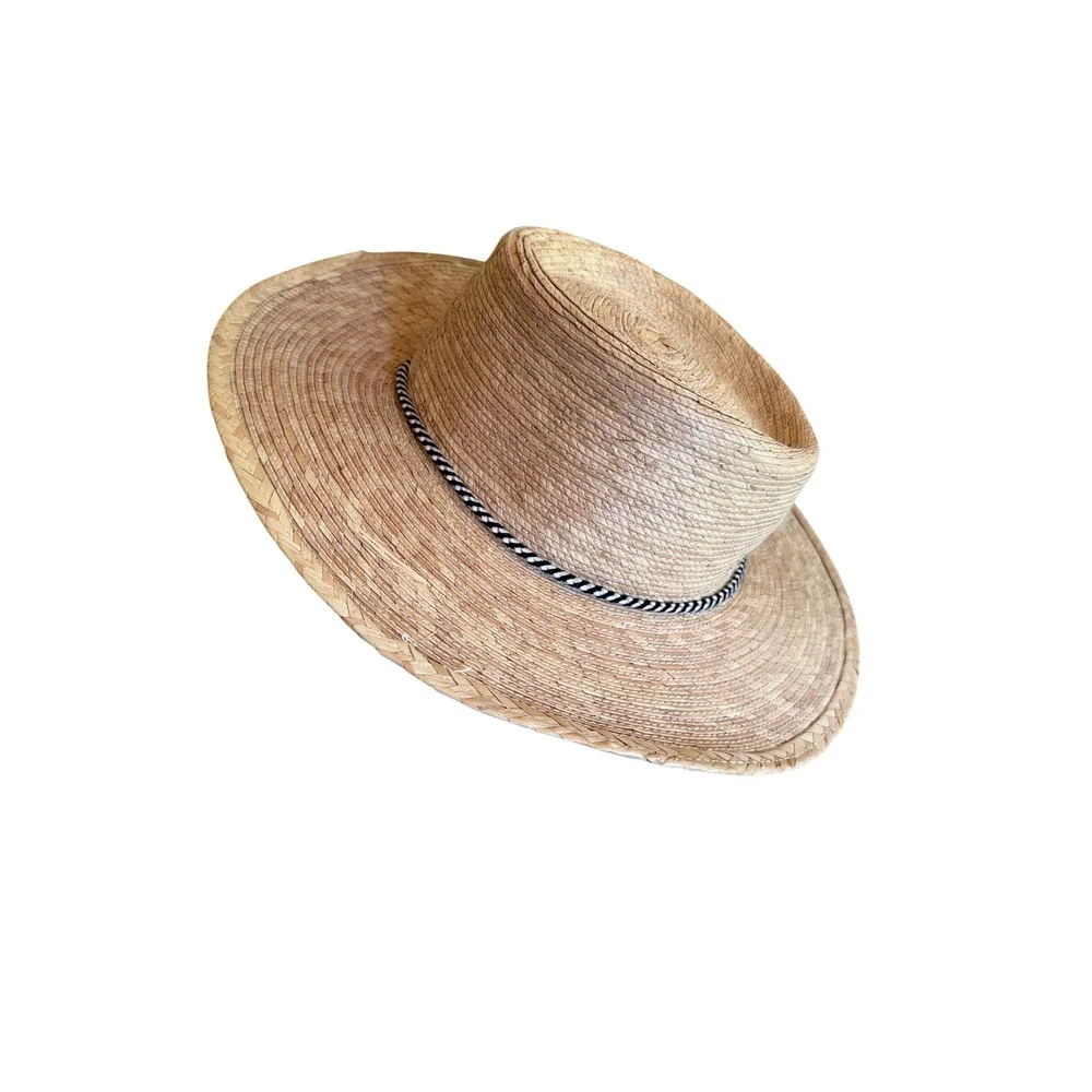 Straw Boater Hat Tan Natural Wide Brim Flat Crown Woven Cord Accent